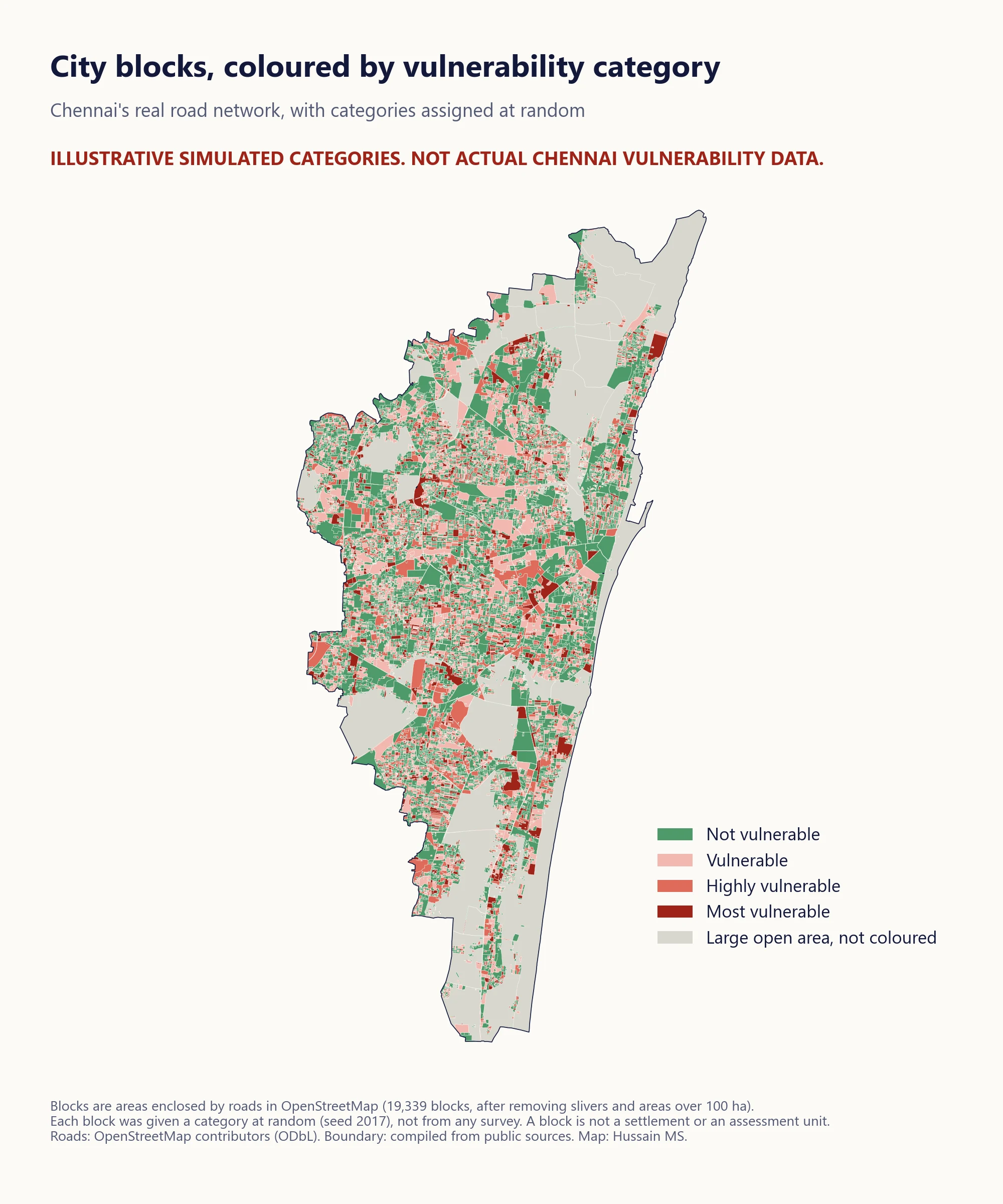 Map of Chennai’s city blocks coloured in four categories, green for not vulnerable and three shades of red. The map is labelled as illustrative, with hypothetical categories and not Chennai vulnerability data.