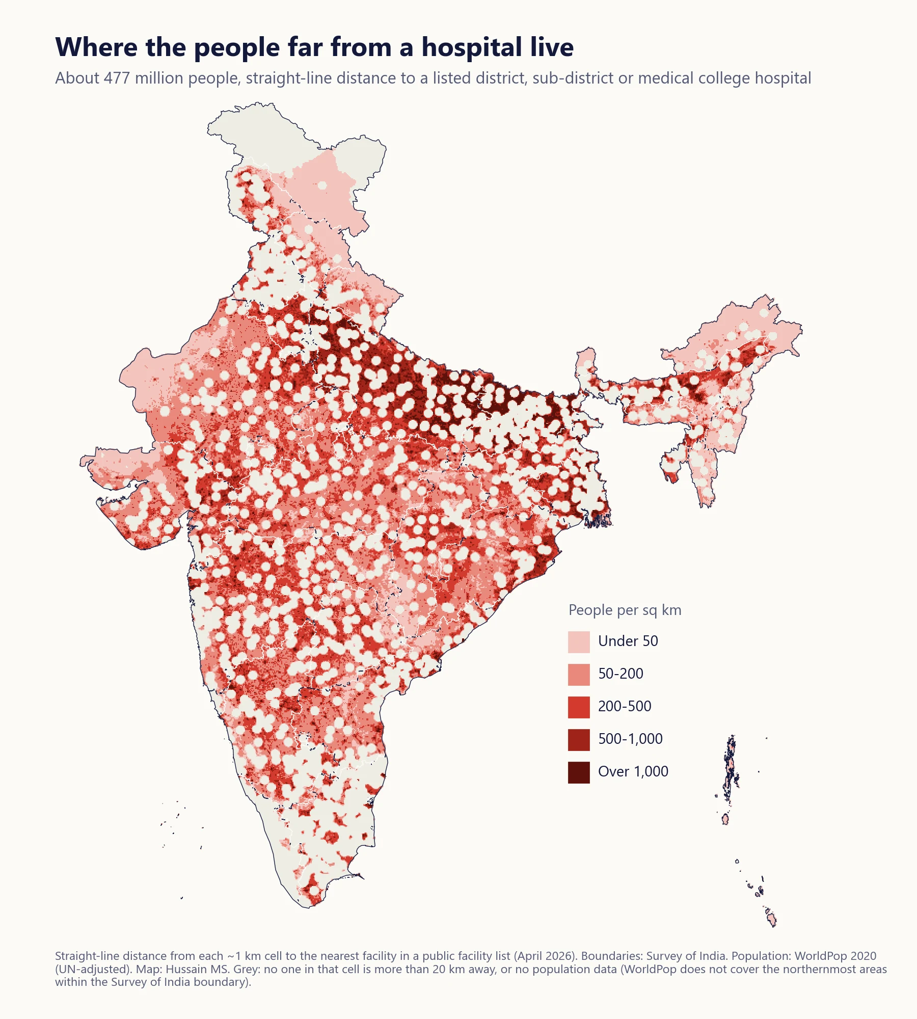 Map of India showing where people living more than 20 km in a straight line from a listed district, sub-district or medical college hospital are concentrated, densest across the Gangetic plain.